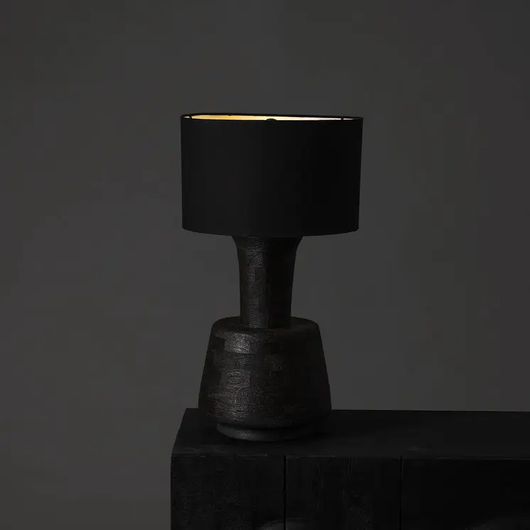 29" Distressed Black Solid Wood Urn Table Lamp With Black Drum Shade
