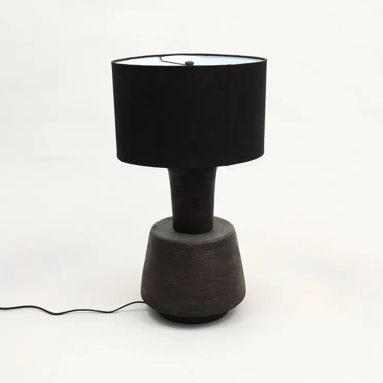 29" Distressed Black Solid Wood Urn Table Lamp With Black Drum Shade