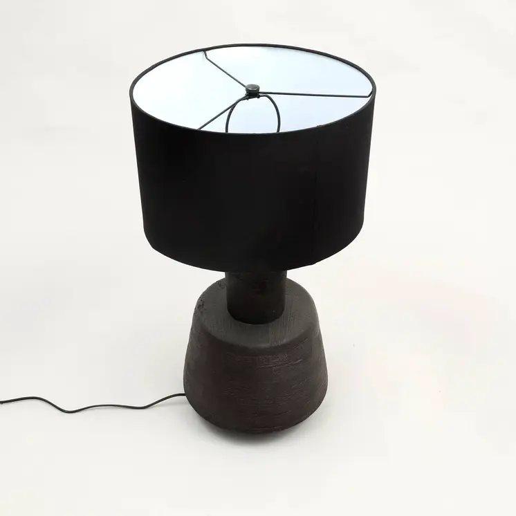 29" Distressed Black Solid Wood Urn Table Lamp With Black Drum Shade