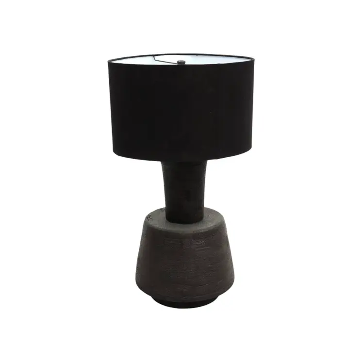 29" Distressed Black Solid Wood Urn Table Lamp With Black Drum Shade
