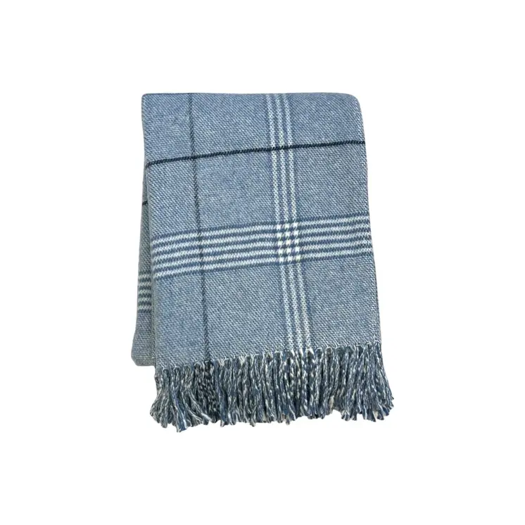 50" X 67" Denim Blue And White Cotton Blend Woven Plaid Throw Blanket with Fringe