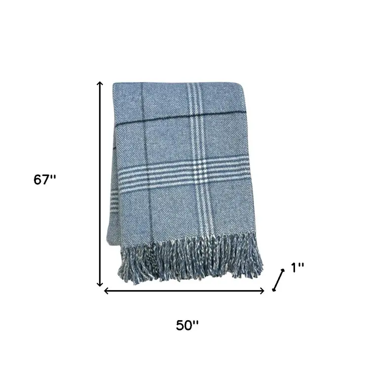 50" X 67" Denim Blue And White Cotton Blend Woven Plaid Throw Blanket with Fringe