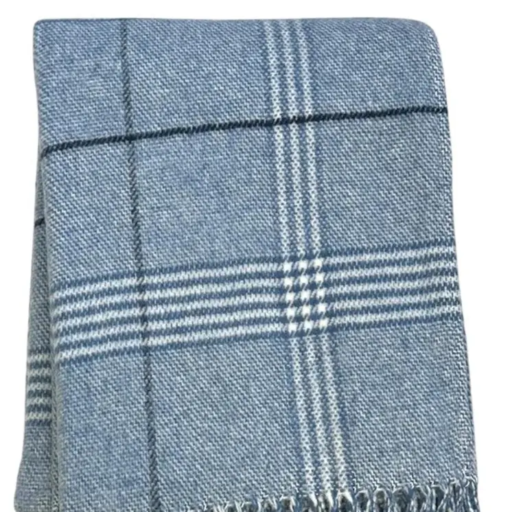 50" X 67" Denim Blue And White Cotton Blend Woven Plaid Throw Blanket with Fringe