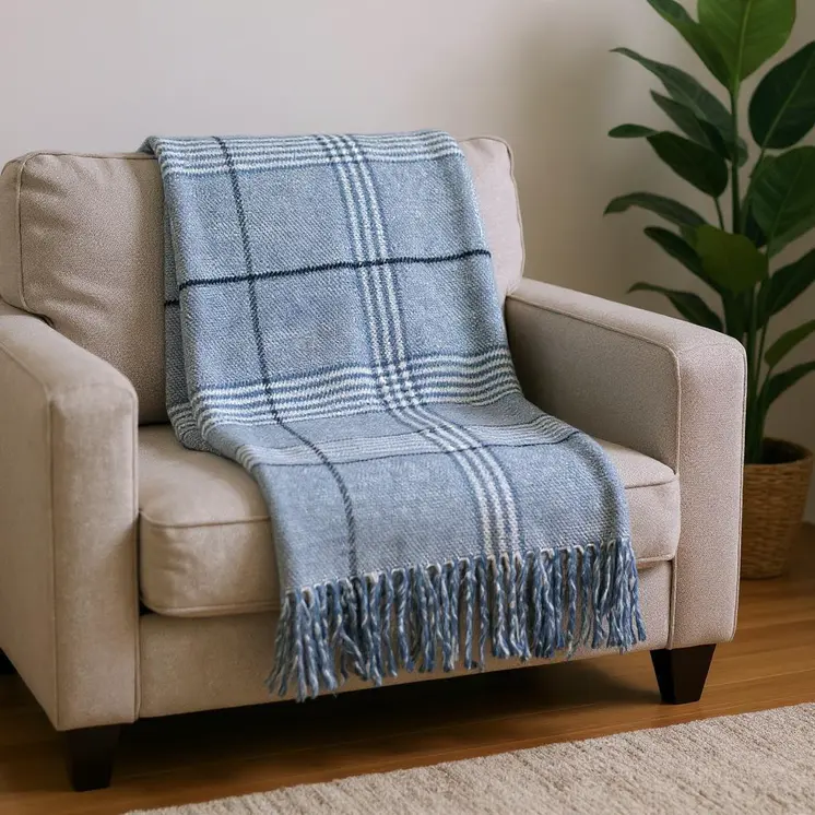50" X 67" Denim Blue And White Cotton Blend Woven Plaid Throw Blanket with Fringe