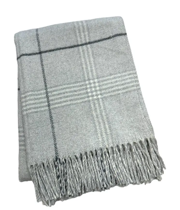 50" X 67" Light Gray And White Cotton Blend Woven Plaid Throw Blanket with Fringe