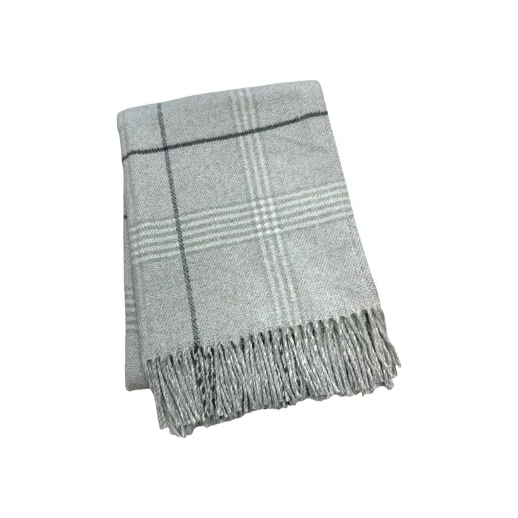 50" X 67" Light Gray And White Cotton Blend Woven Plaid Throw Blanket with Fringe
