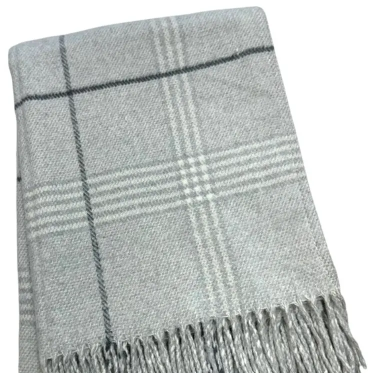 50" X 67" Light Gray And White Cotton Blend Woven Plaid Throw Blanket with Fringe