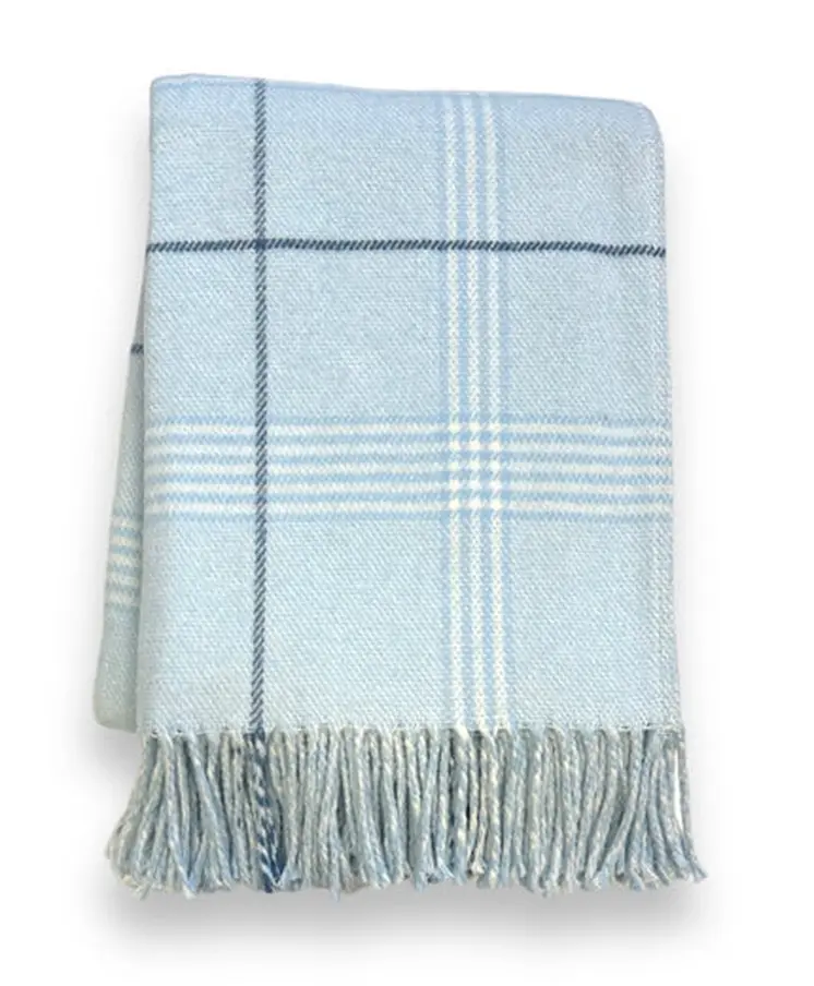 50" X 67" Sky Blue And White Plaid Cotton Blend Woven Throw Blanket with Fringe
