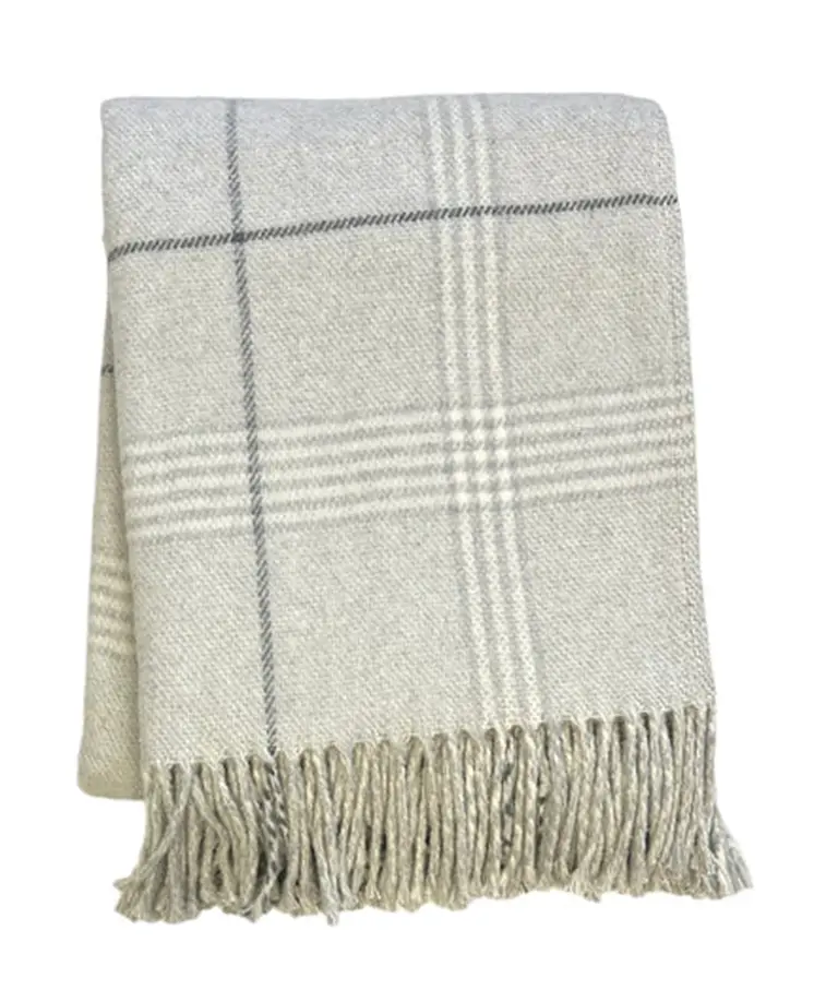 50" X 67" Sand And White Cotton Blend Woven Plaid Throw Blanket with Fringe