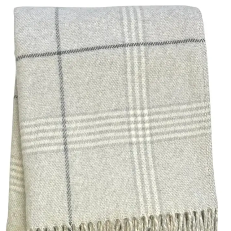 50" X 67" Sand And White Cotton Blend Woven Plaid Throw Blanket with Fringe