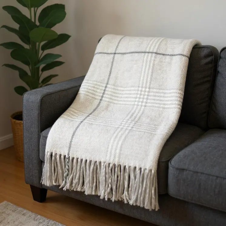 50" X 67" Sand And White Cotton Blend Woven Plaid Throw Blanket with Fringe