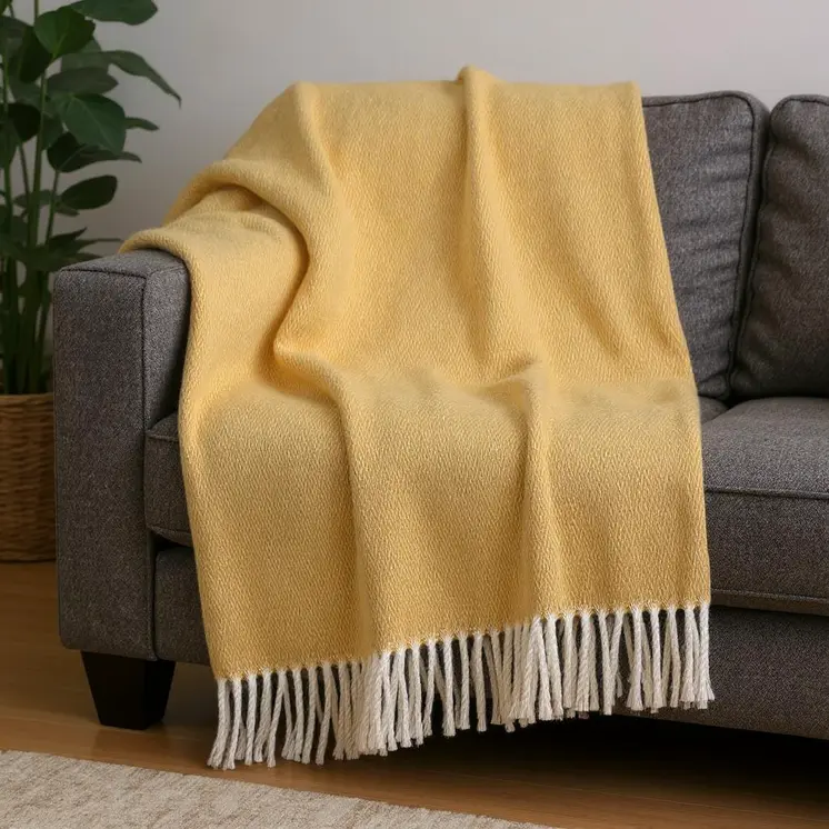 55" X 70" Gold And White Cotton Blend Woven Herringbone Plush Throw Blanket with Fringe