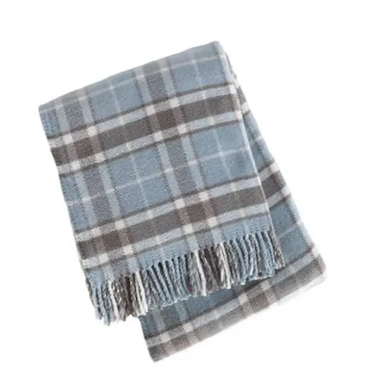 55" X 70" Sky Blue And Brown Cotton Blend Woven Plaid Plush Throw Blanket with Fringe