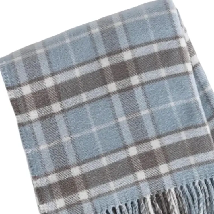 55" X 70" Sky Blue And Brown Cotton Blend Woven Plaid Plush Throw Blanket with Fringe