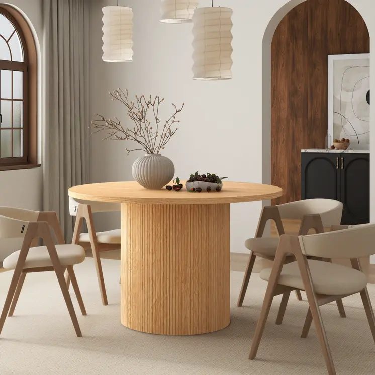 47" Natural Solid Wood Double Pedestal Base Round Top Dining Table