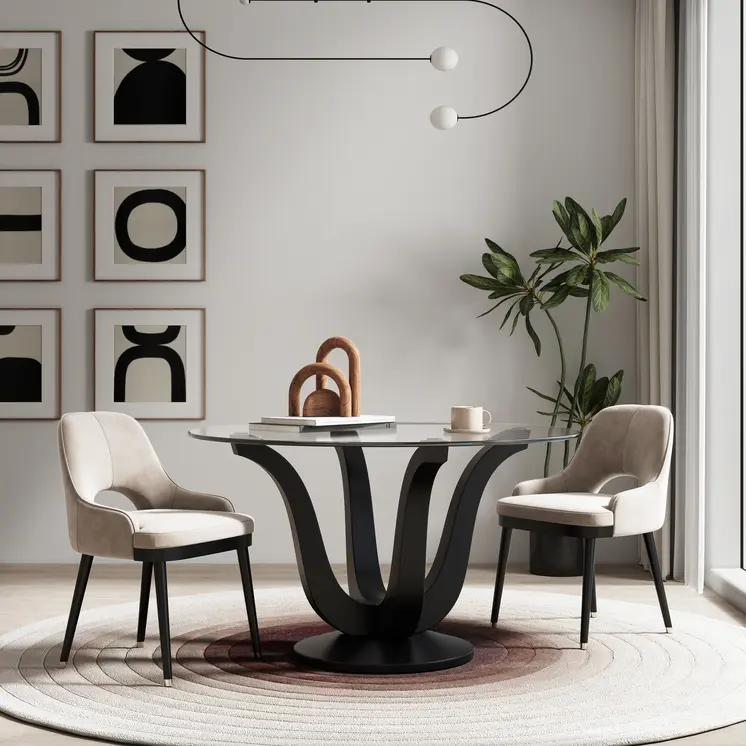 51" Clear and Black Glass and Solid Wood Pedestal Base Round Top Dining Table