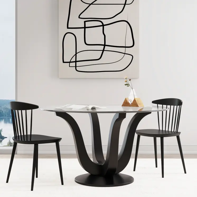 51" Clear and Black Glass and Solid Wood Pedestal Base Round Top Dining Table