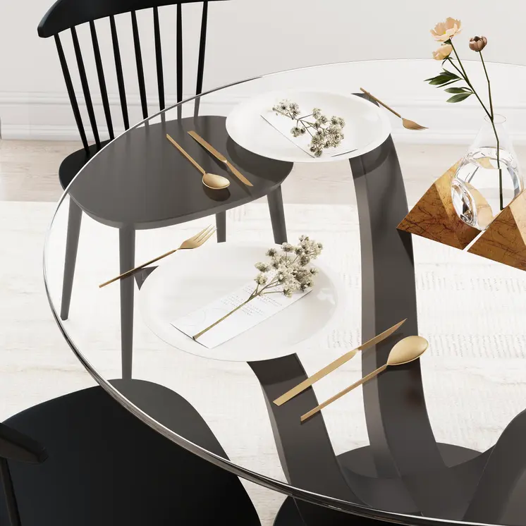 51" Clear and Black Glass and Solid Wood Pedestal Base Round Top Dining Table