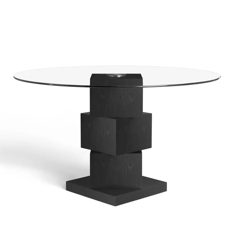 51" Clear and Black Glass and Solid Wood Pedestal Base Round Top Dining Table