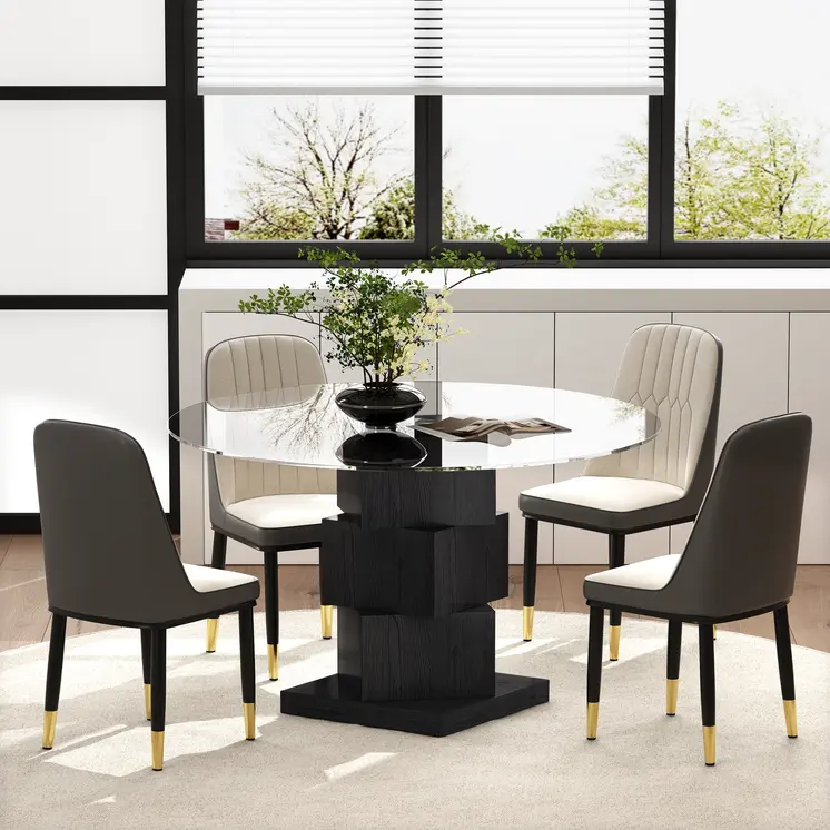 51" Clear and Black Glass and Solid Wood Pedestal Base Round Top Dining Table