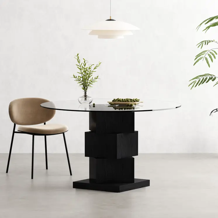 51" Clear and Black Glass and Solid Wood Pedestal Base Round Top Dining Table