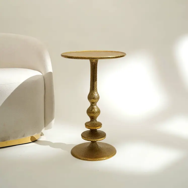 24" Antiqued Gold Aluminum Round Pedestal End Table