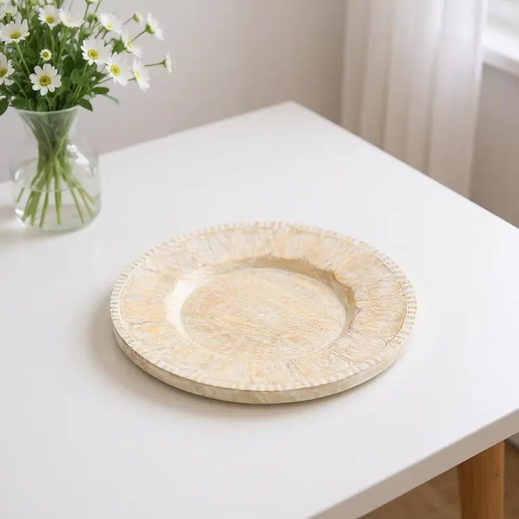 13" Natural And White Distressed Solid Wood Geometric Handmade Round Charger Plate
