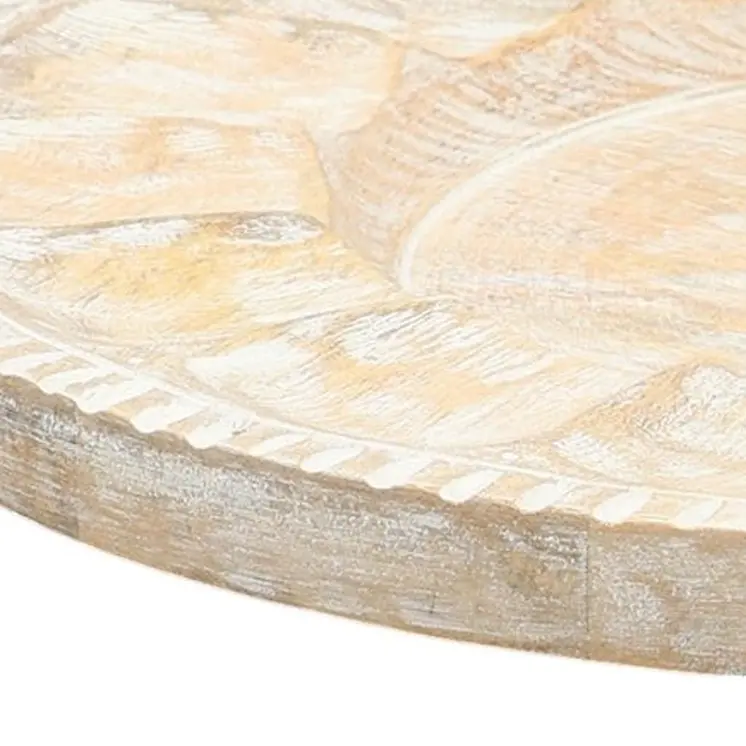 13" Natural And White Distressed Solid Wood Geometric Handmade Round Charger Plate