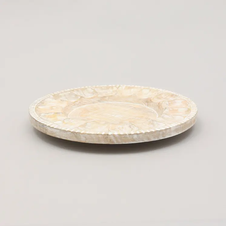 13" Natural And White Distressed Solid Wood Geometric Handmade Round Charger Plate