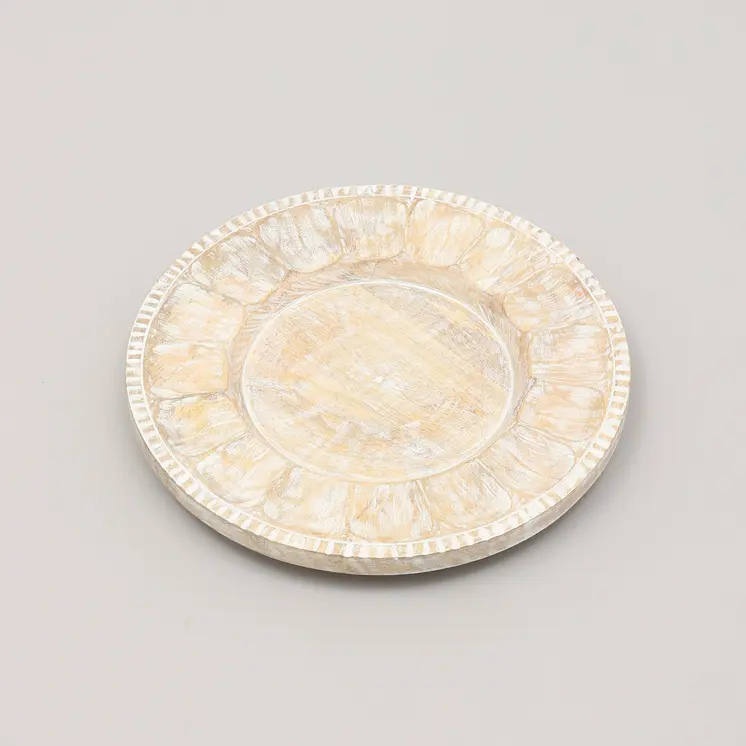 13" Natural And White Distressed Solid Wood Geometric Handmade Round Charger Plate