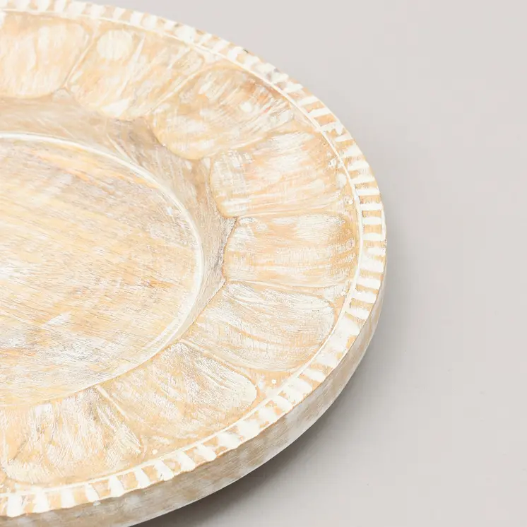13" Natural And White Distressed Solid Wood Geometric Handmade Round Charger Plate