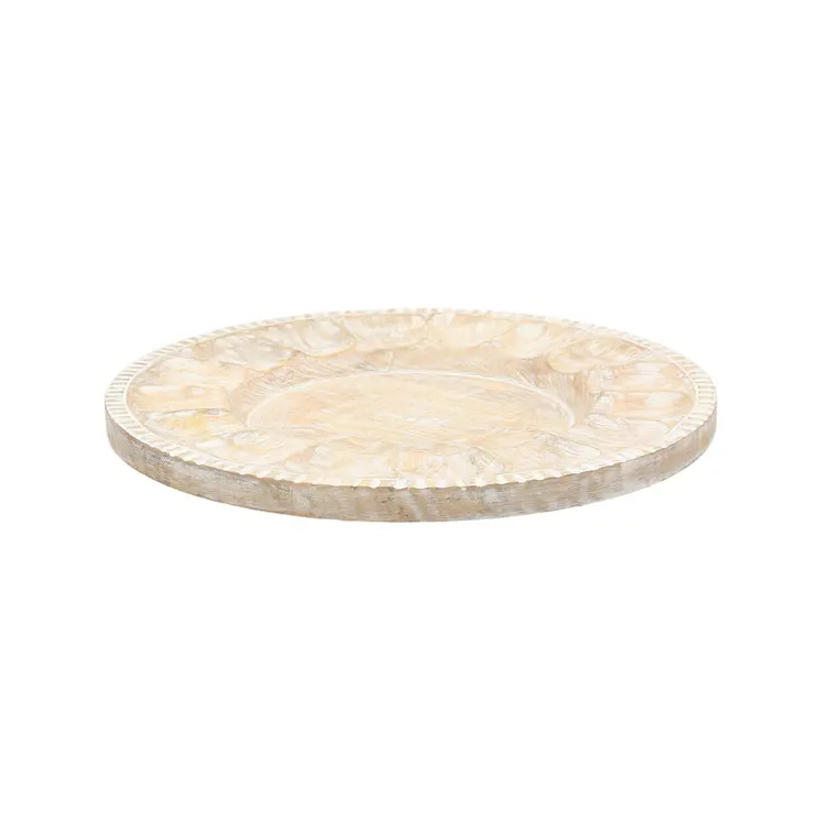 13" Natural And White Distressed Solid Wood Geometric Handmade Round Charger Plate