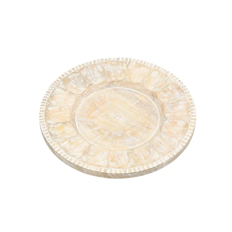 13" Natural And White Distressed Solid Wood Geometric Handmade Round Charger Plate