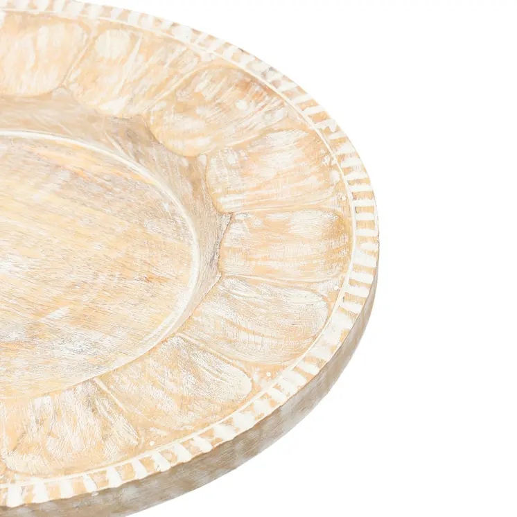 13" Natural And White Distressed Solid Wood Geometric Handmade Round Charger Plate