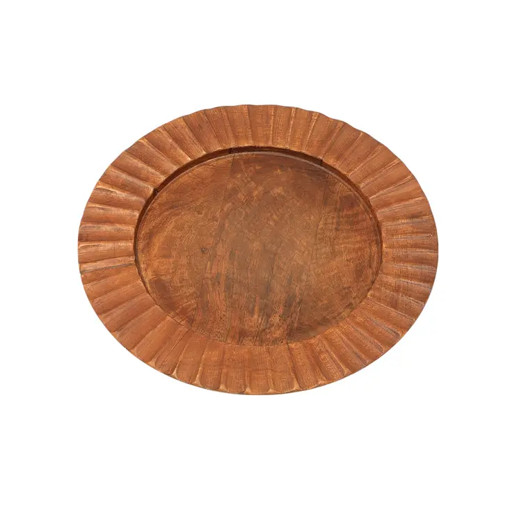 13" Brown Solid Wood Scalloped Rim Handmade Round Charger Plate