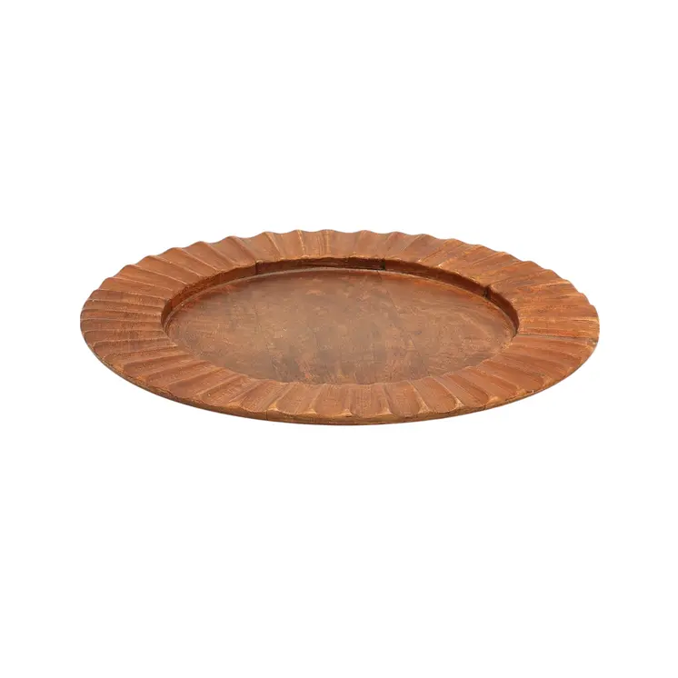 13" Brown Solid Wood Scalloped Rim Handmade Round Charger Plate