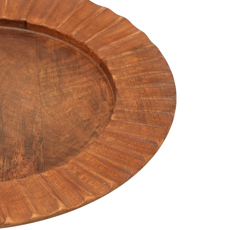 13" Brown Solid Wood Scalloped Rim Handmade Round Charger Plate