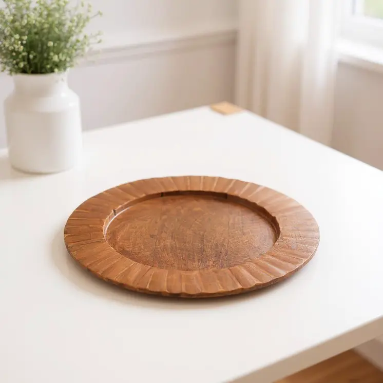 13" Brown Solid Wood Scalloped Rim Handmade Round Charger Plate