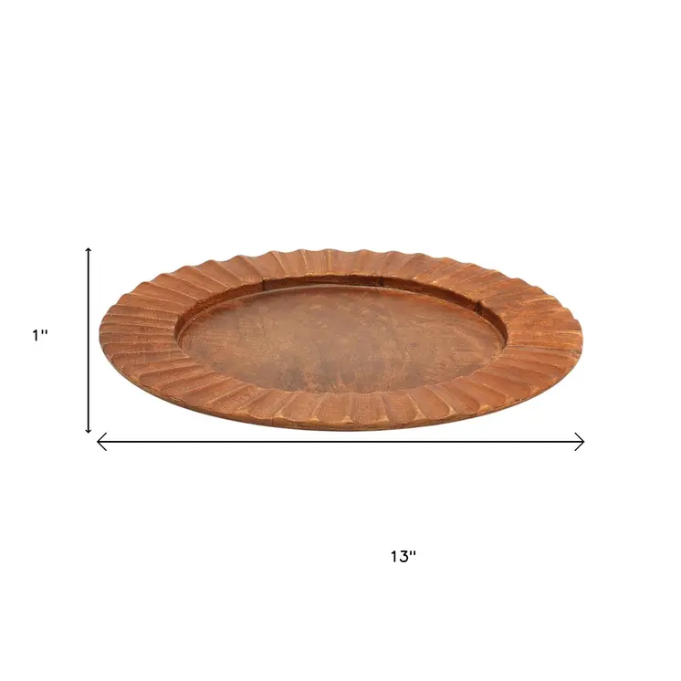 13" Brown Solid Wood Scalloped Rim Handmade Round Charger Plate