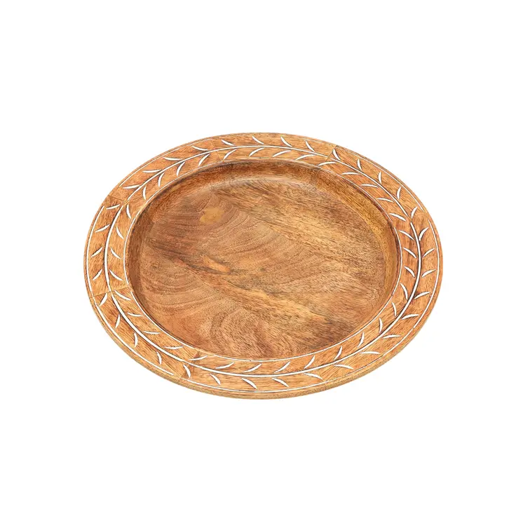 13" Brown Solid Wood Laurel Handmade Round Charger Plate