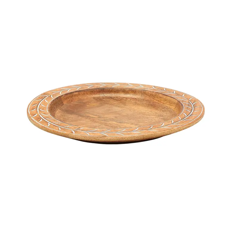 13" Brown Solid Wood Laurel Handmade Round Charger Plate