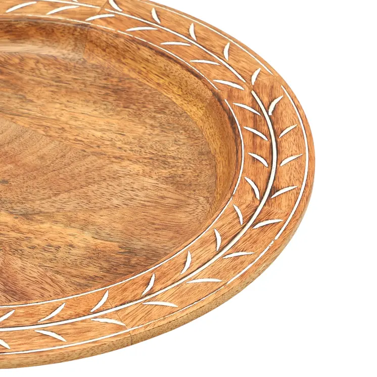 13" Brown Solid Wood Laurel Handmade Round Charger Plate