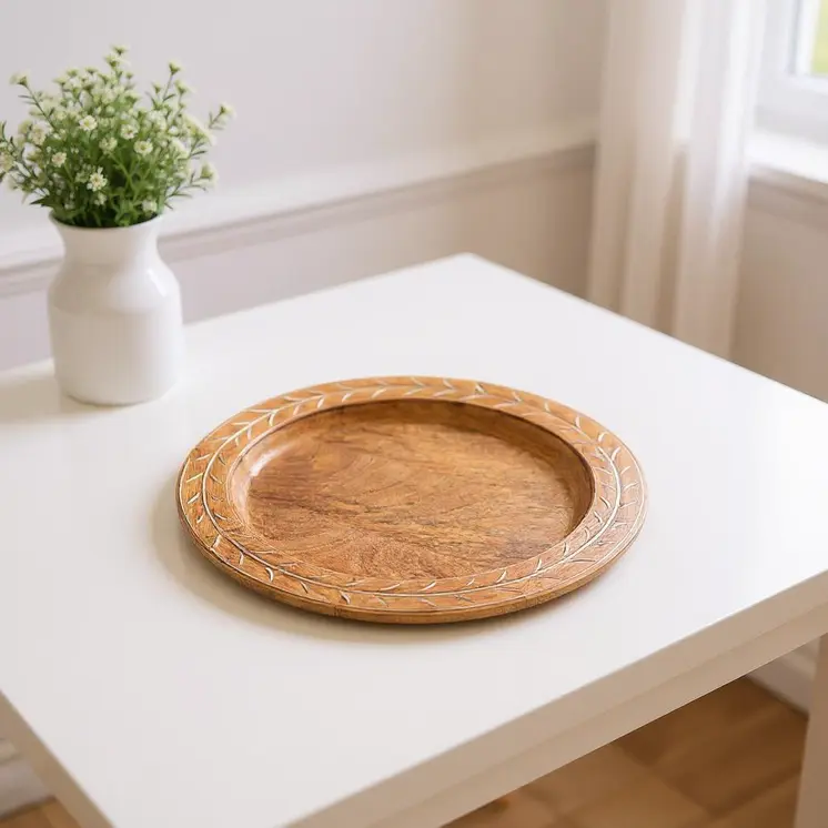 13" Brown Solid Wood Laurel Handmade Round Charger Plate