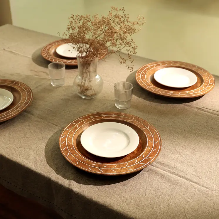 13" Brown Solid Wood Laurel Handmade Round Charger Plate