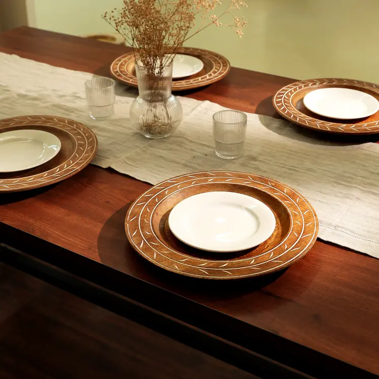 13" Brown Solid Wood Laurel Handmade Round Charger Plate