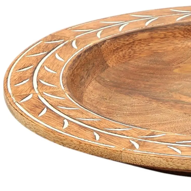 13" Brown Solid Wood Laurel Handmade Round Charger Plate