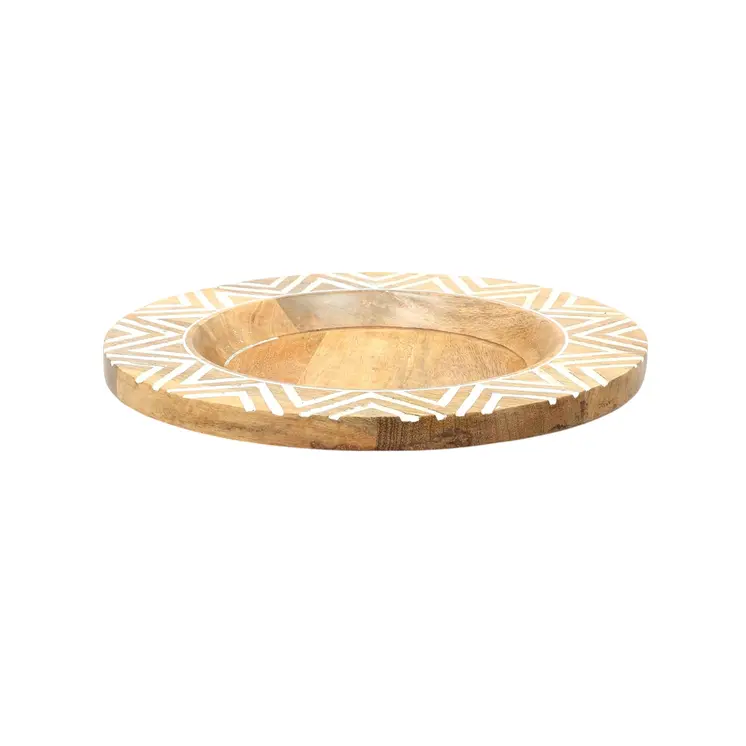 13" Natural And White Solid Wood Chevron Handmade Round Charger Plate