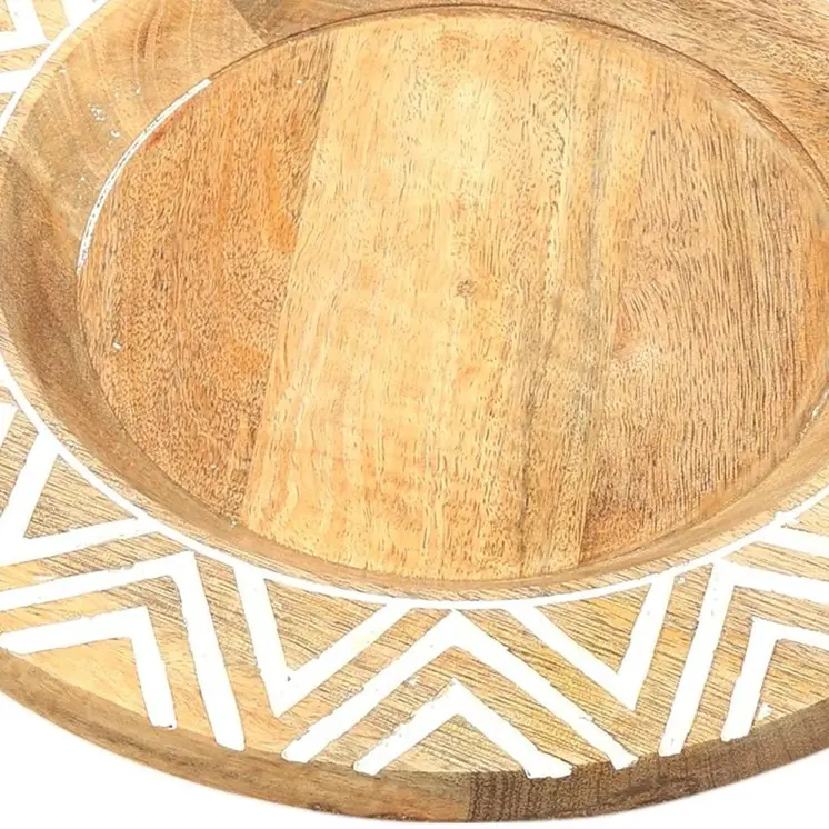 13" Natural And White Solid Wood Chevron Handmade Round Charger Plate