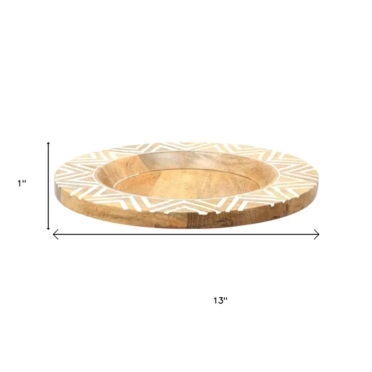 13" Natural And White Solid Wood Chevron Handmade Round Charger Plate