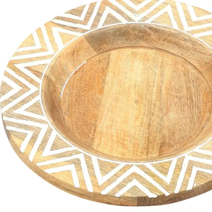 13" Natural And White Solid Wood Chevron Handmade Round Charger Plate